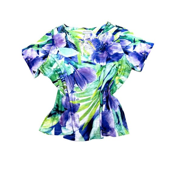 Alfred Dunner Purple & Green Floral Knit Short Sleeve Blouse Size PXL - Picture 2 of 8
